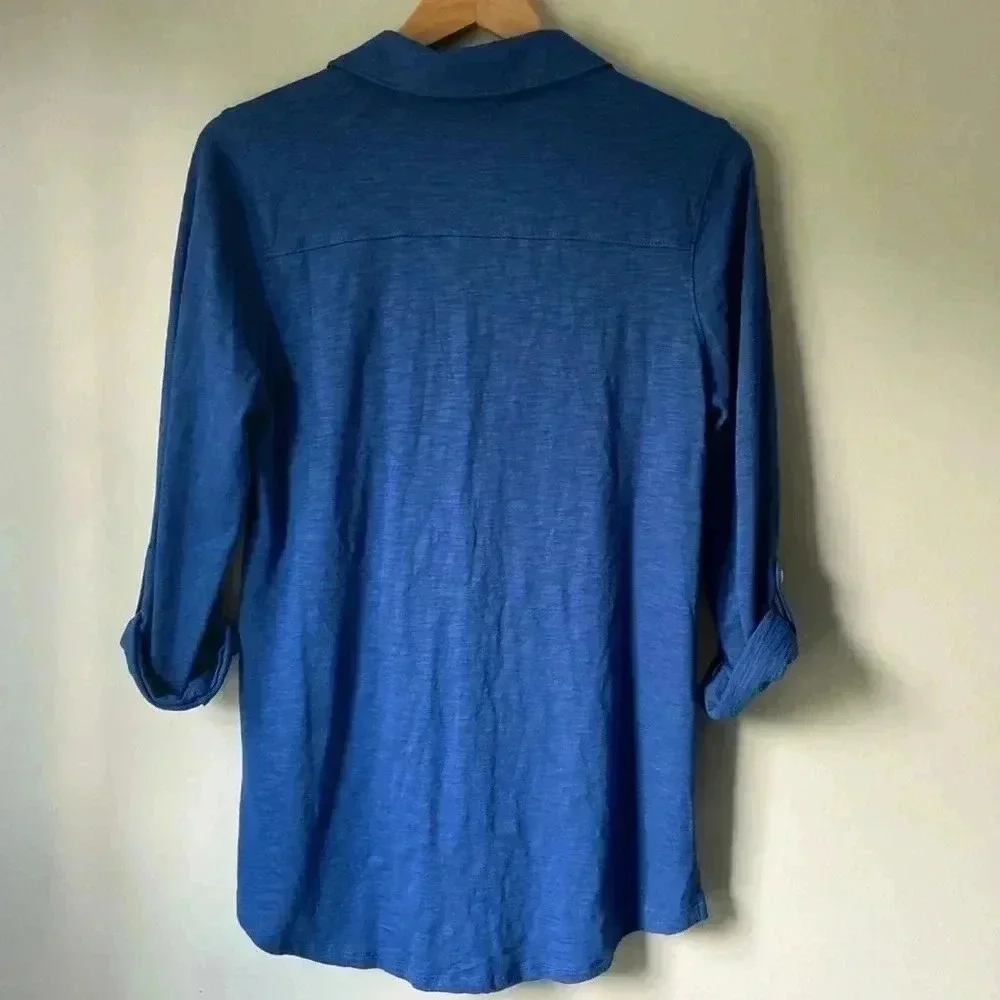 Soma Size M Blue 3/4” Sleeve Slub Collar Button Down Modal Blouse Tee Top